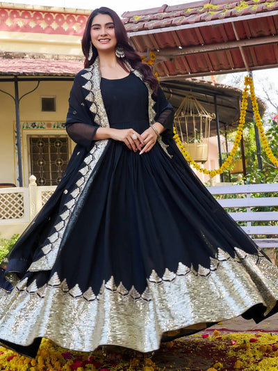 Black Sequins Georgette Festival Wear Gown With Dupatta for Women
