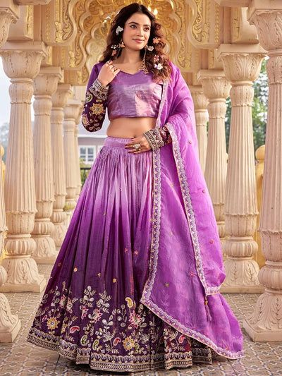 Purple Luminous Embroidered Crushed Function Wear Lehenga Choli for Women