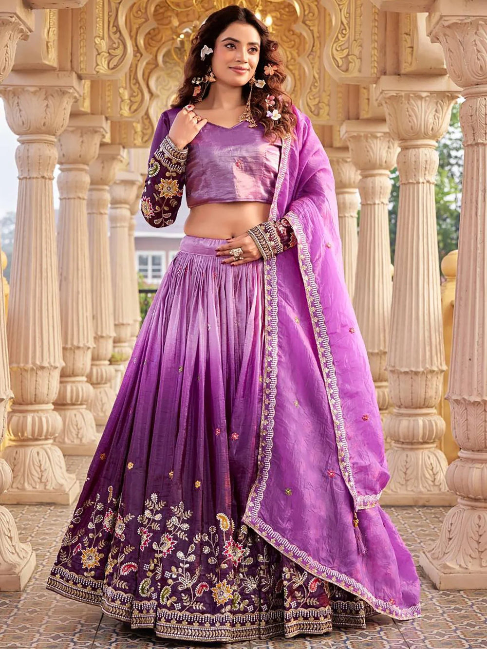 Purple Luminous Embroidered Crushed Function Wear Lehenga Choli for Women