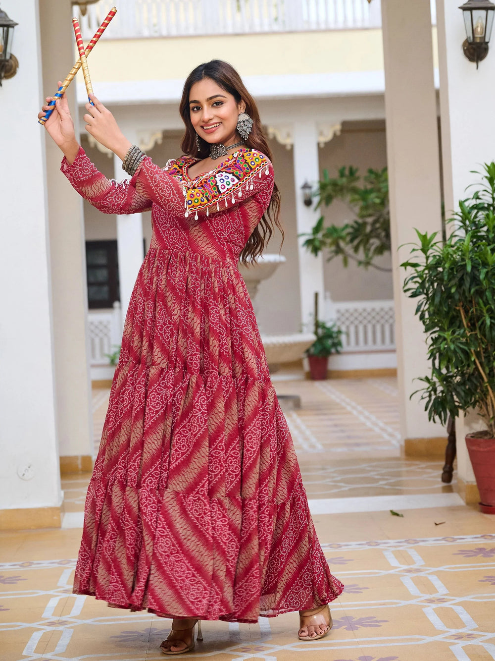 Red Georgette Mirror Work Traditional Indian Gown for Women