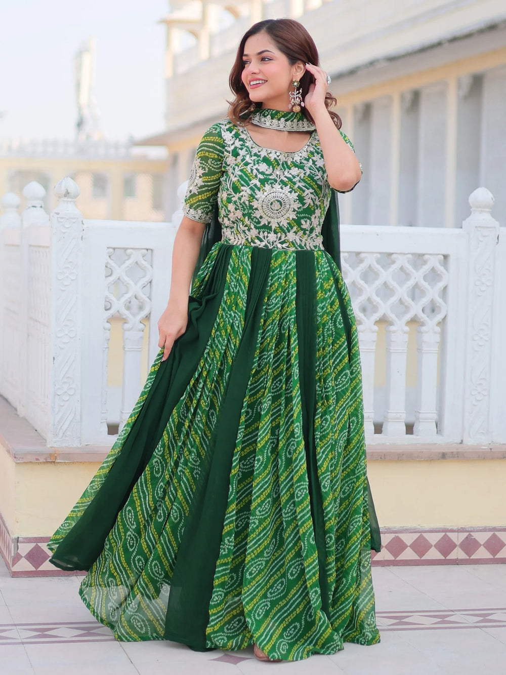 Green Bandhani Printed Georgette Festival Wear Gown for Women