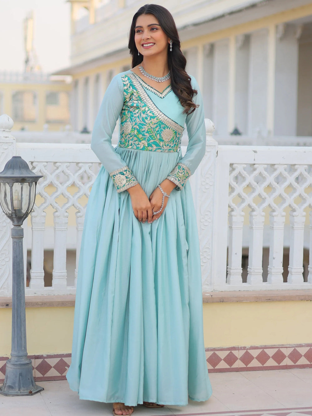 Blue Bandhani Printed Chinon Function Wear Gown for Women