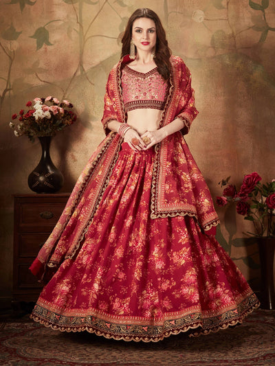 Maroon Floral Digital Printed Organza Bridal Lehenga Choli for Women