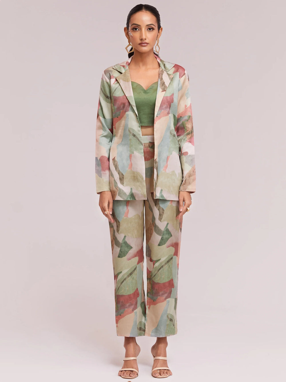 Multi-Color Satin Stylist Crop Top And Pant With Blazer