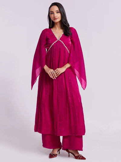 Pink Lace Work Organza Designer Kurta With Palazzo