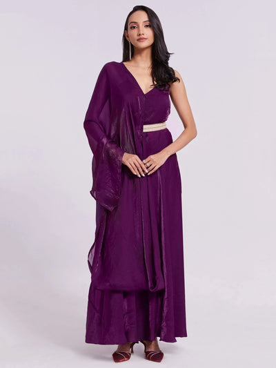 Wine Organza Festival Wear Gown With Dupatta for Women