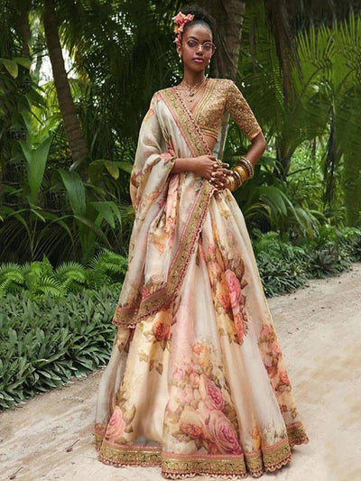 Off White Floral Printed Organza Bridal Lehenga Choli for Women