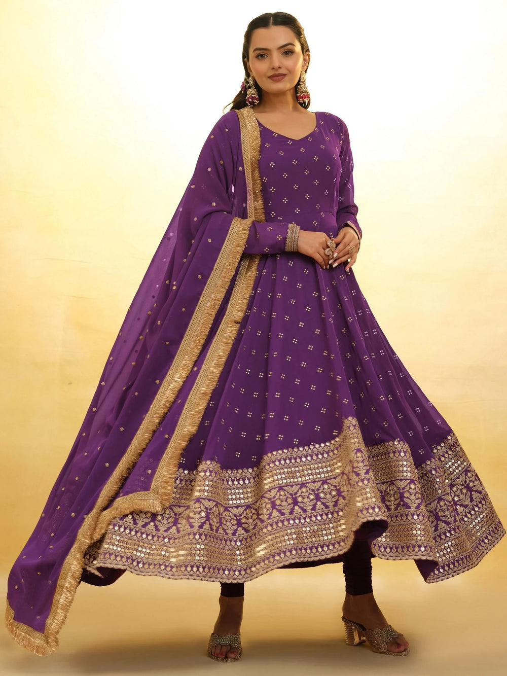Purple Glamorous Embroidered Georgette Mehendi Wear Sharara Suit for Women
