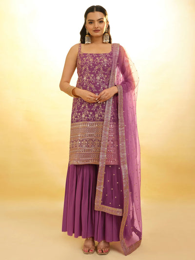 Purple Glamorous Embroidered Georgette Mehendi Wear Sharara Suit for Women