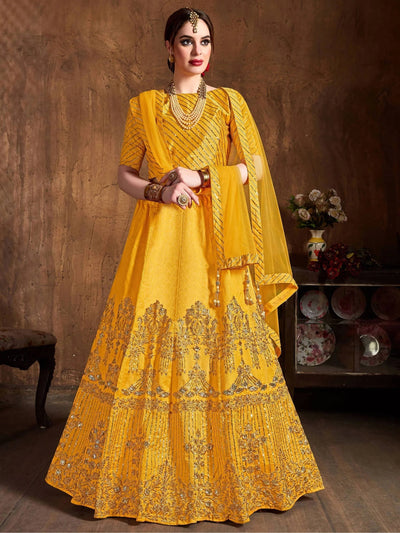 Yellow Zari Embroidered Art Silk Bridal Lehenga Choli with Dupatta
