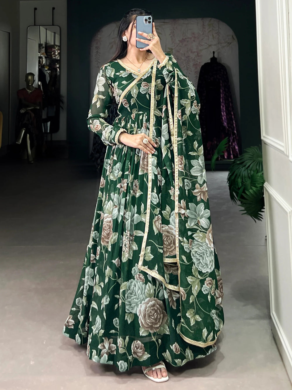 Green Georgette Floral Printed Evening Wear Gown for Women