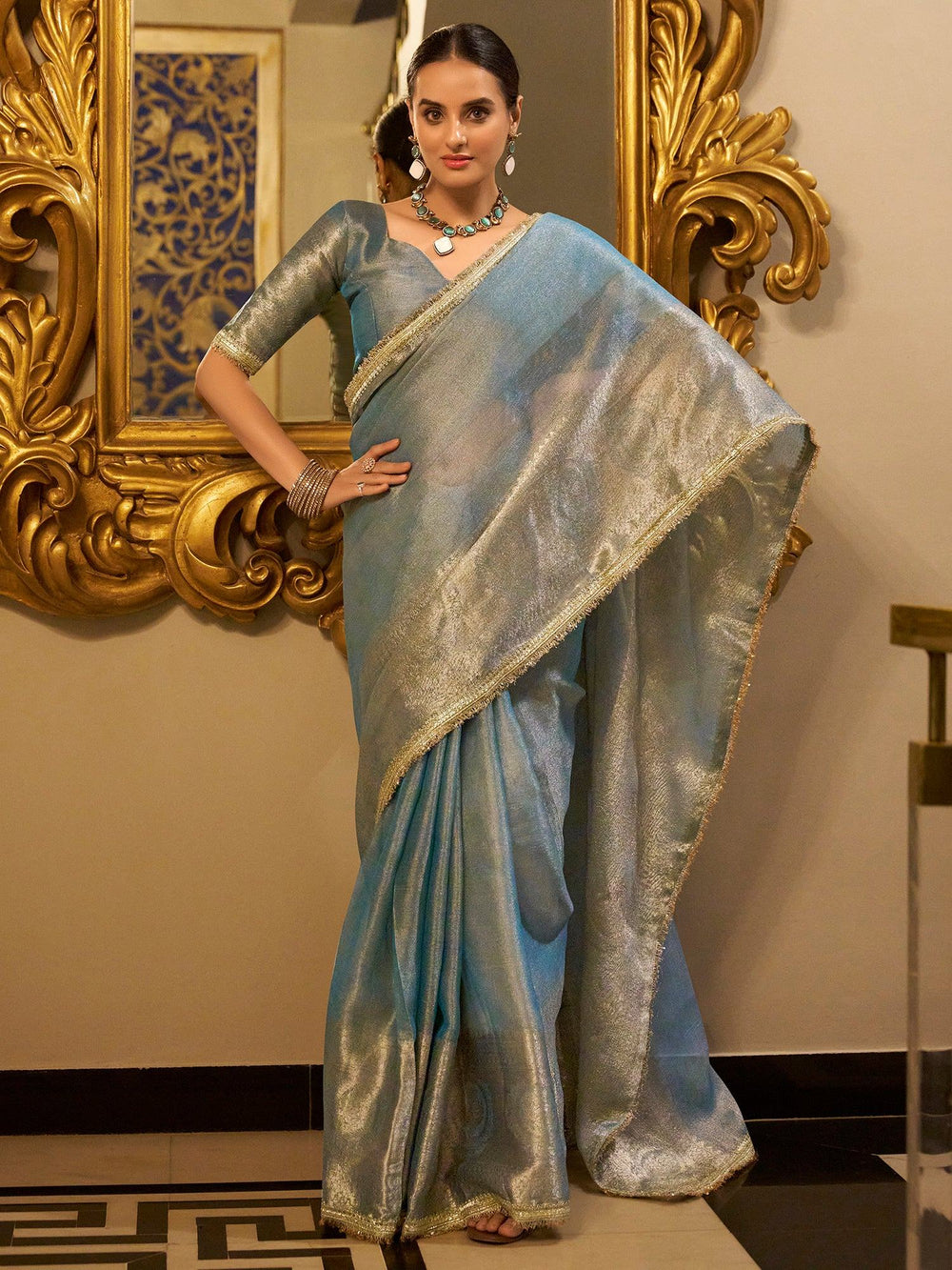 Sky Blue Tissue Silk Zari Weaving Festive Wear Saree