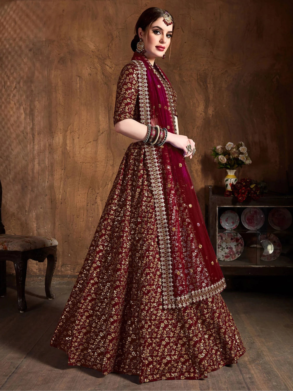 Maroon Zari Embroidered Raw Silk Wedding Lehenga Choli with Dupatta