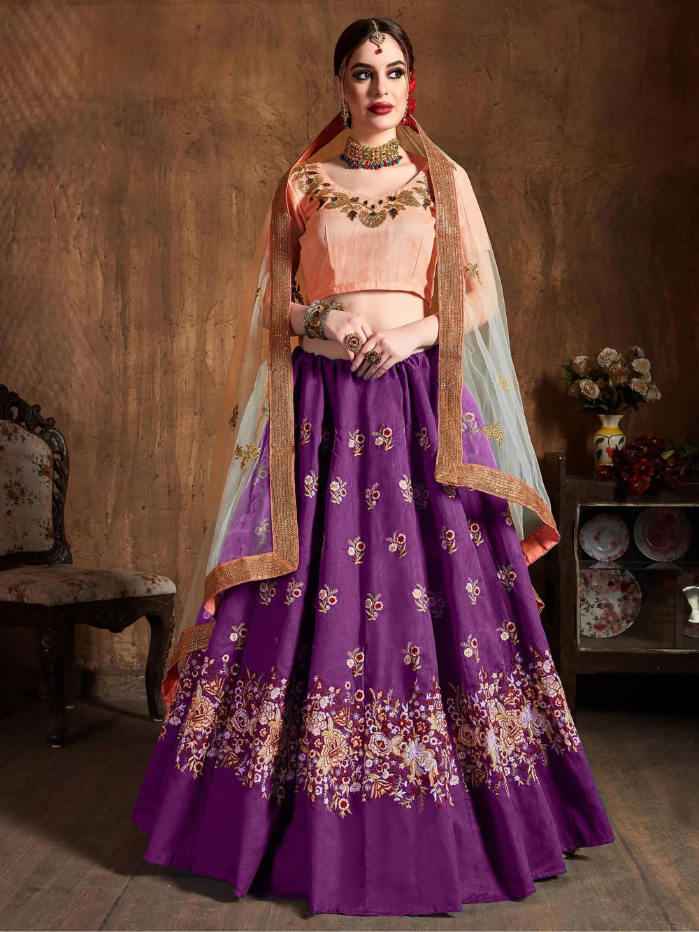 Purple Thread Work Raw Silk Bridal Lehenga Choli with Peach Choli and Off-White Dupatta