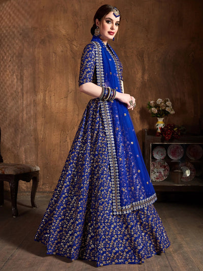 Blue Zari Embroidered Raw Silk Wedding Lehenga Choli with Dupatta