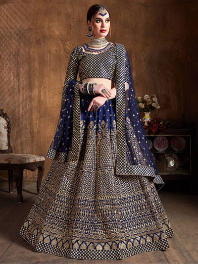 Navy Blue Sequins Raw Silk Wedding Lehenga Choli with Dupatta