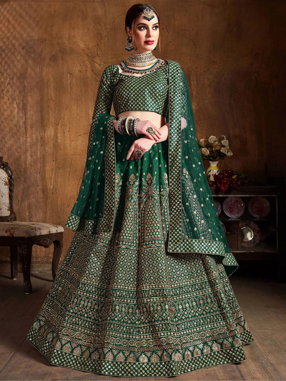 Bottle Green Sequins Raw Silk Wedding Lehenga Choli with Dupatta