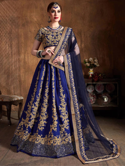 Navy Blue Embroidered Raw Silk Wedding Lehenga Choli with Dupatta