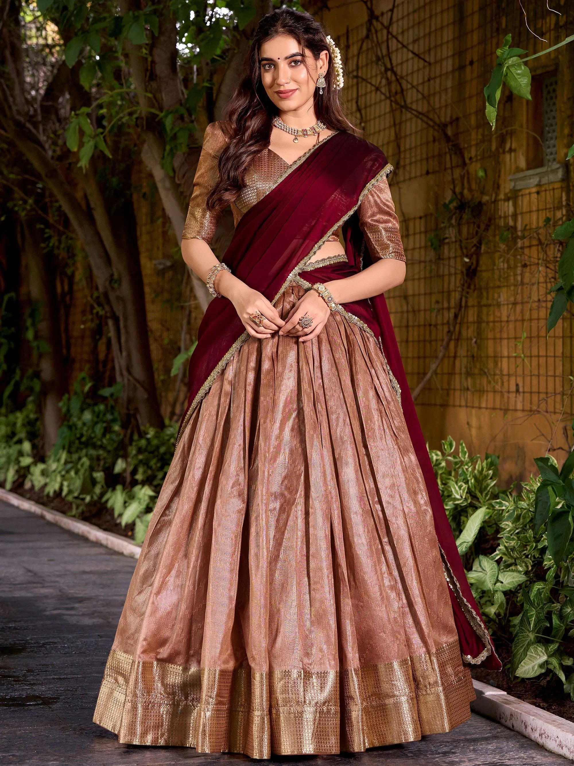 Peach Silk Zari Embroidered Festive Half Saree Lehenga Choli