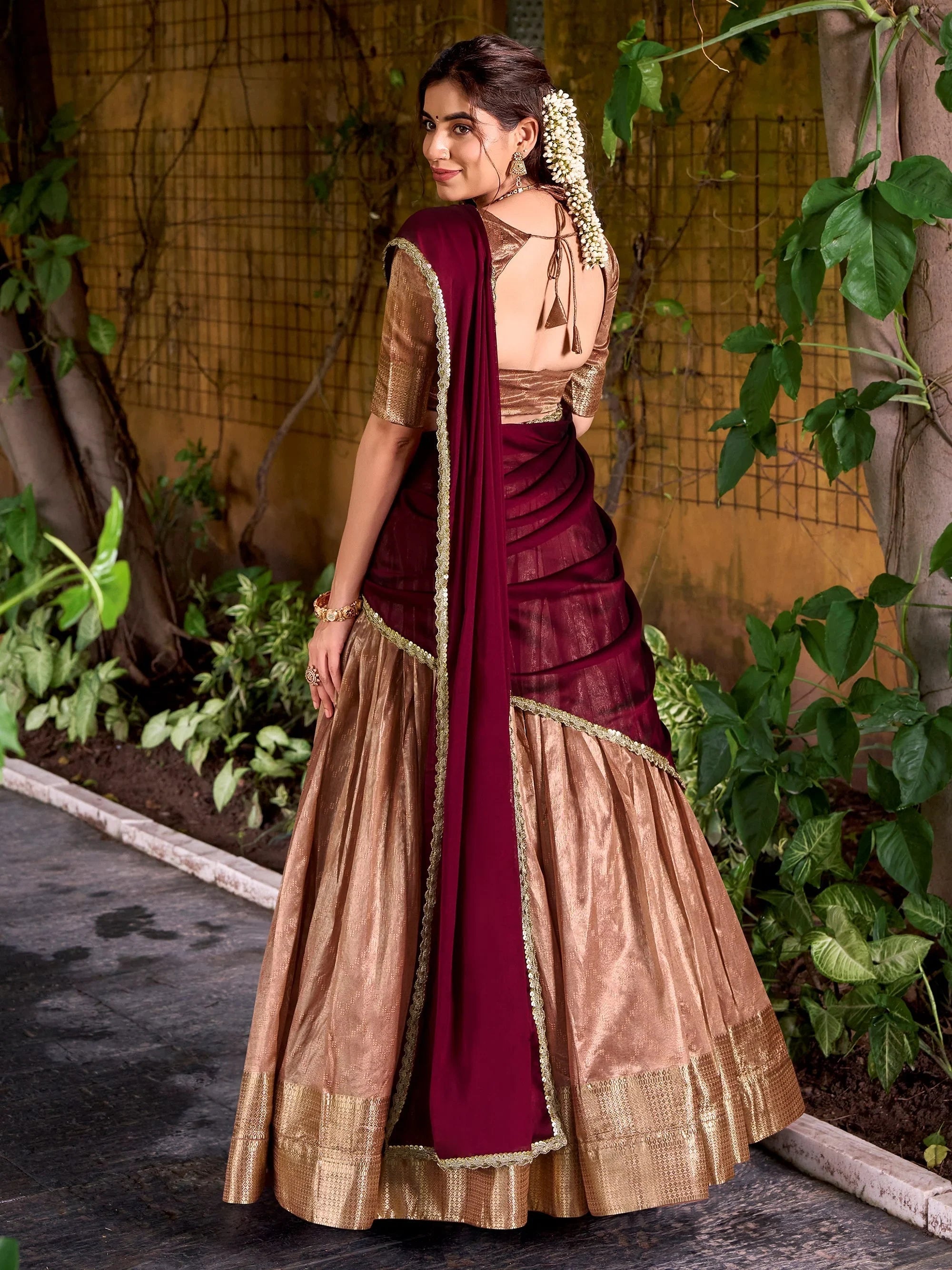 Peach Silk Zari Embroidered Festive Half Saree Lehenga Choli