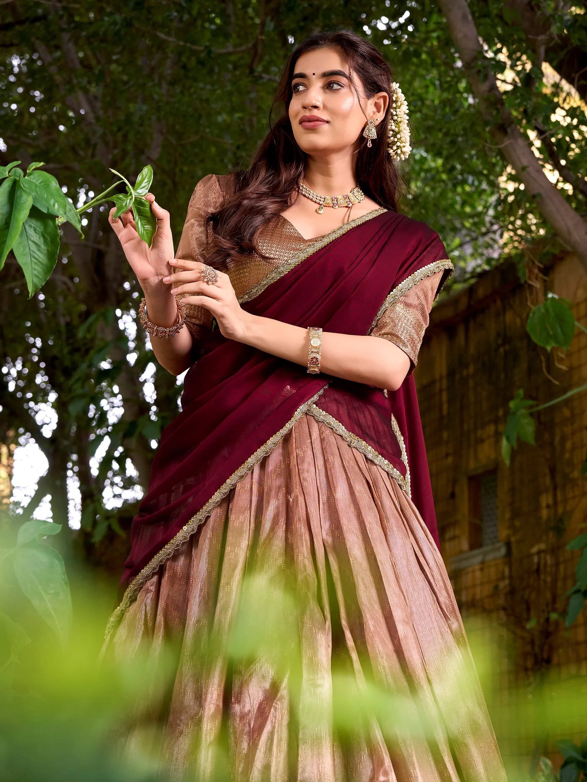 Peach Silk Zari Embroidered Festive Half Saree Lehenga Choli