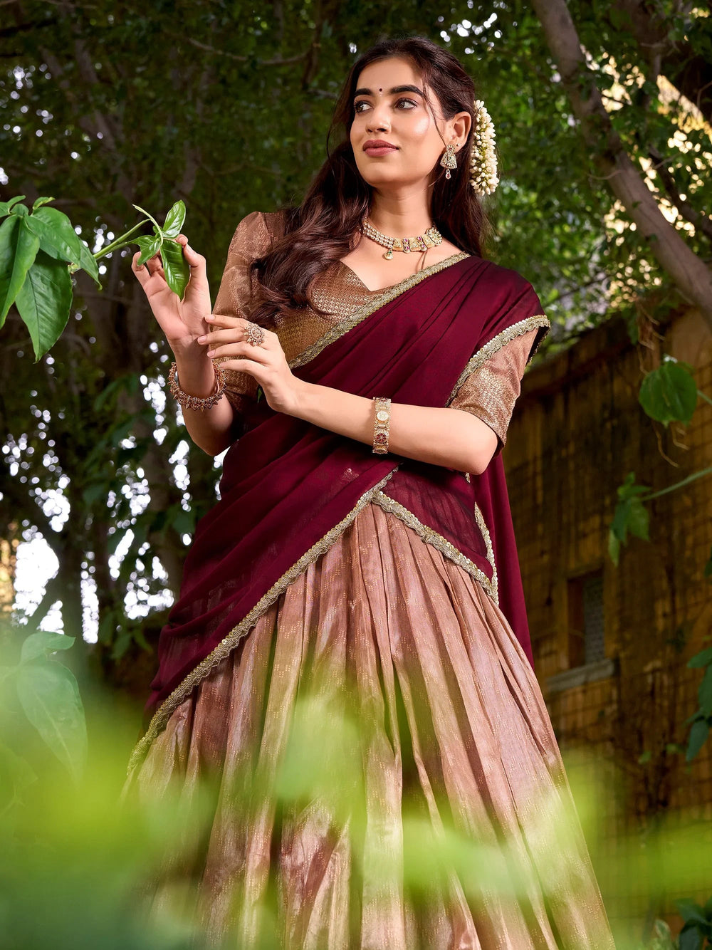 Peach Silk Zari Embroidered Festive Half Saree Lehenga Choli