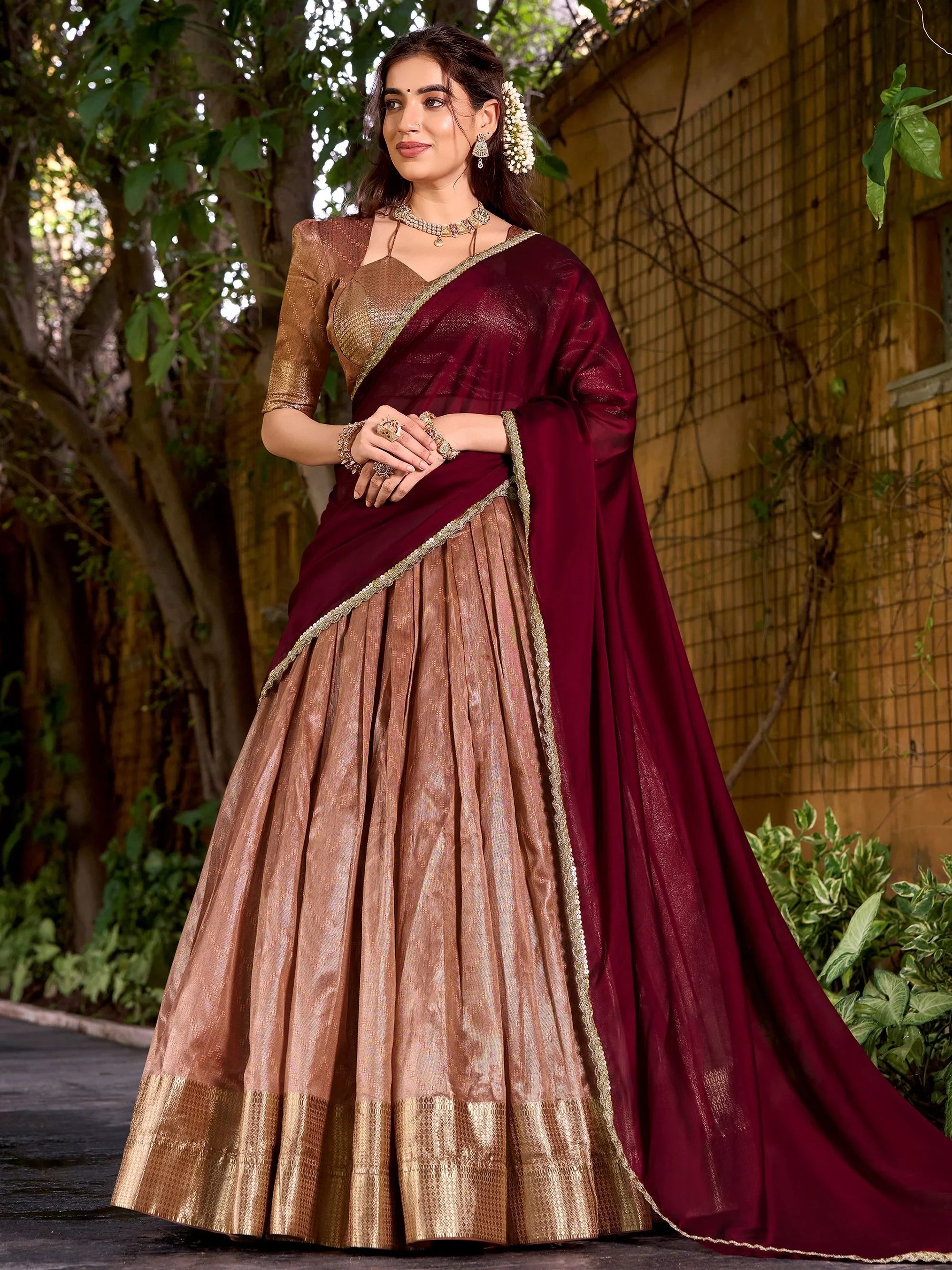 Peach Silk Zari Embroidered Festive Half Saree Lehenga Choli