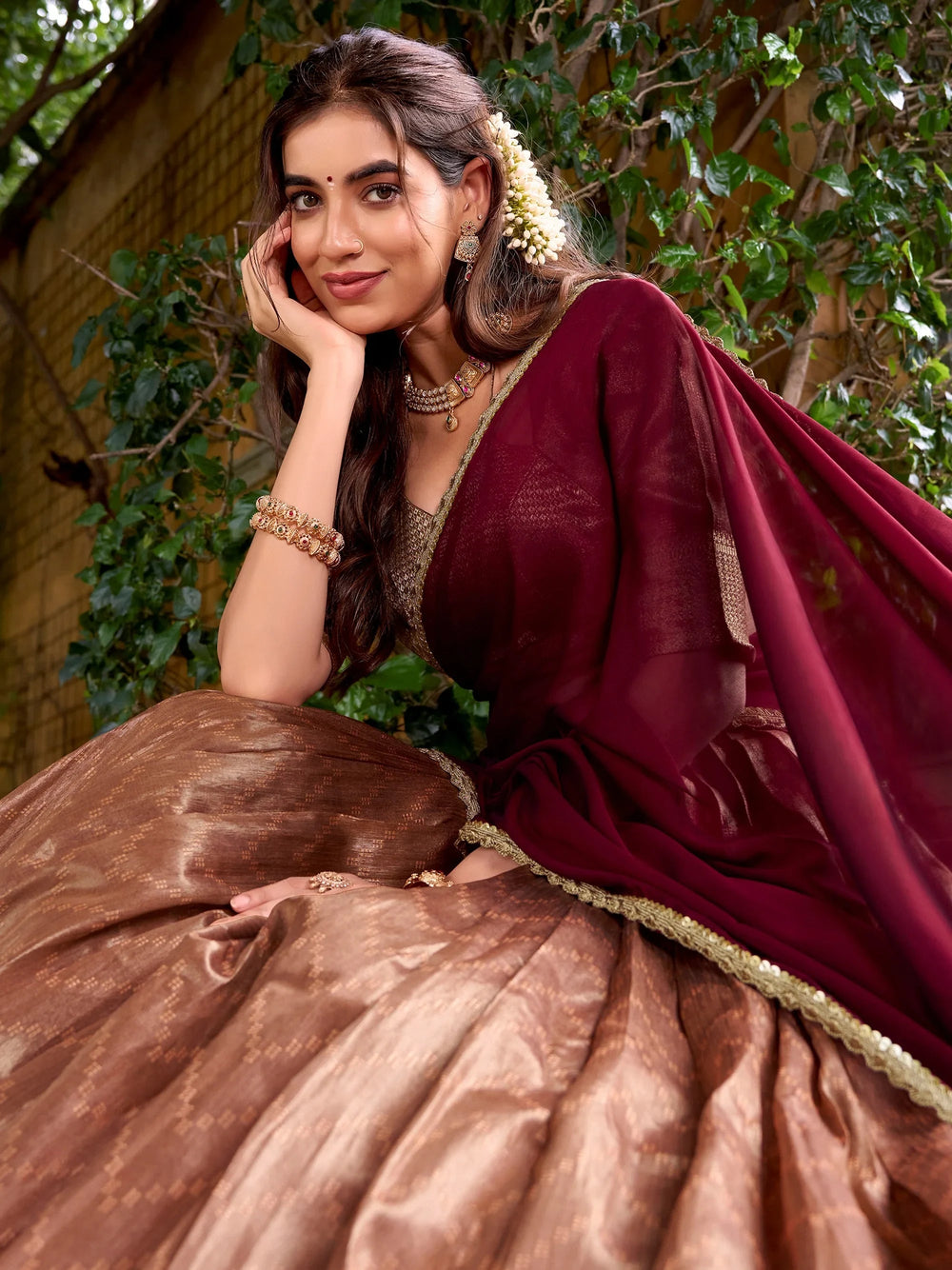 Peach Silk Zari Embroidered Festive Half Saree Lehenga Choli