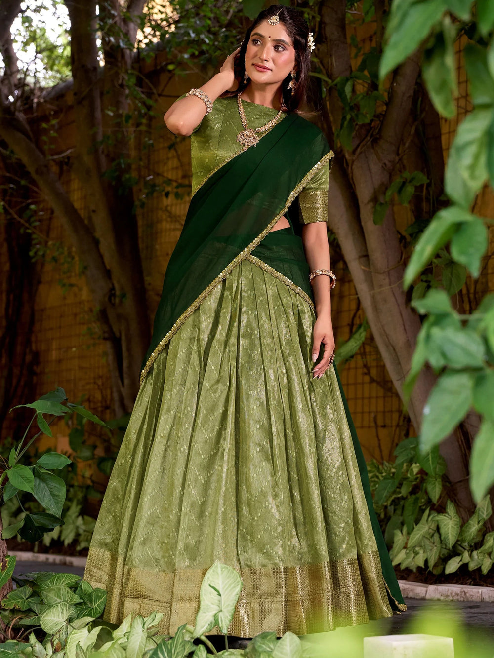 Green Silk Zari Weaving Festive Half Saree Lehenga Choli