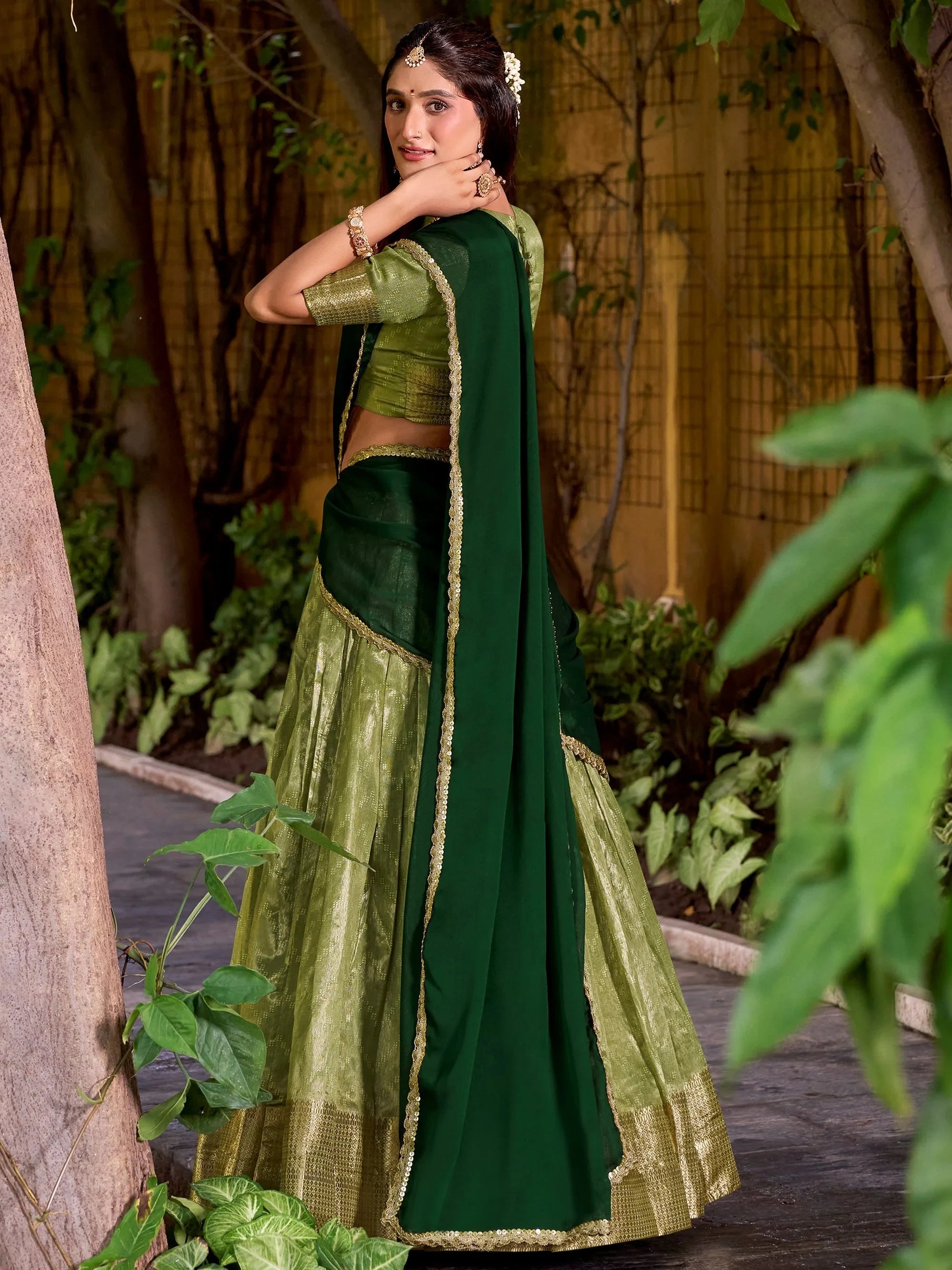 Green Silk Zari Weaving Festive Half Saree Lehenga Choli
