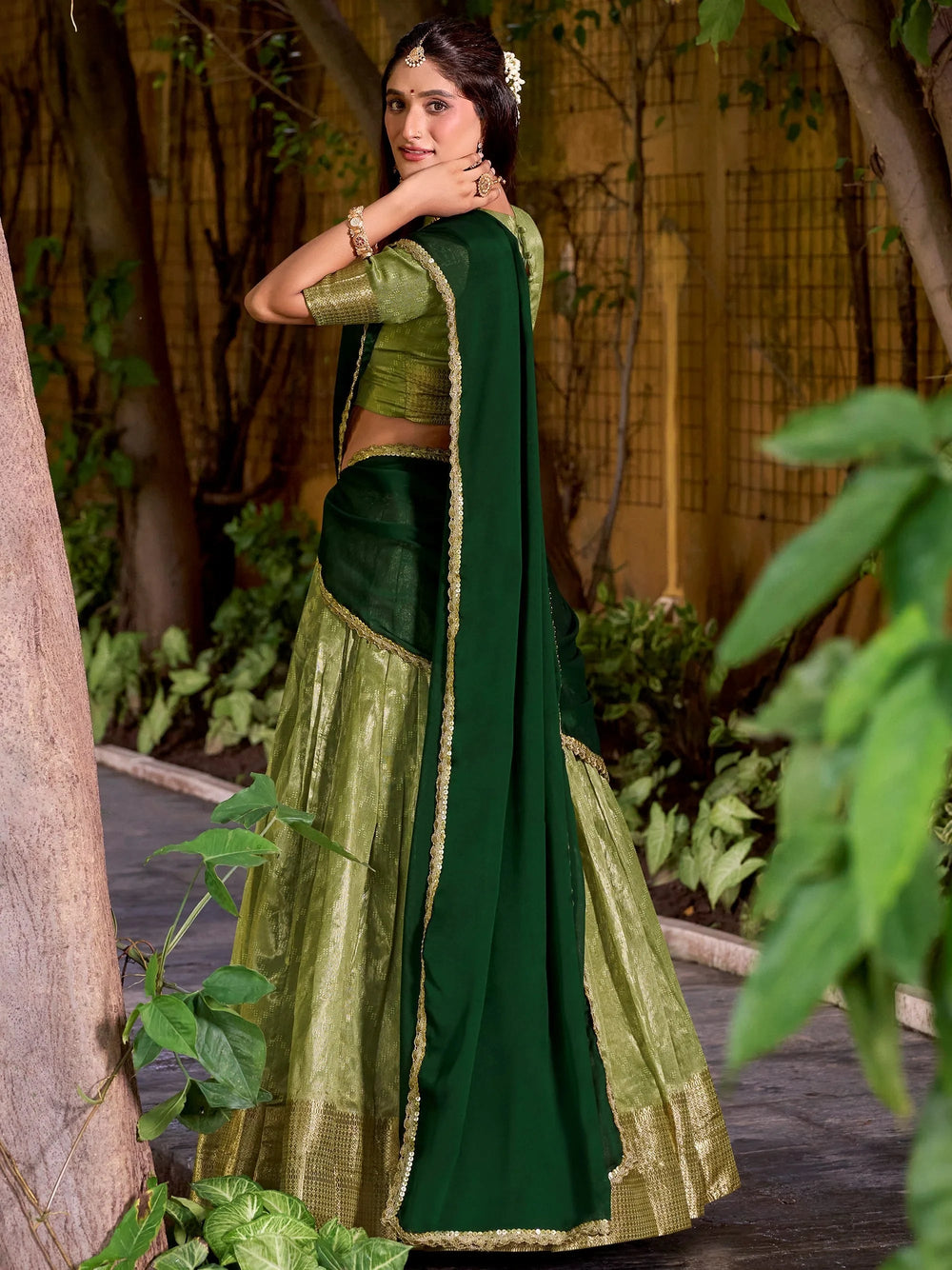Green Silk Zari Weaving Festive Half Saree Lehenga Choli