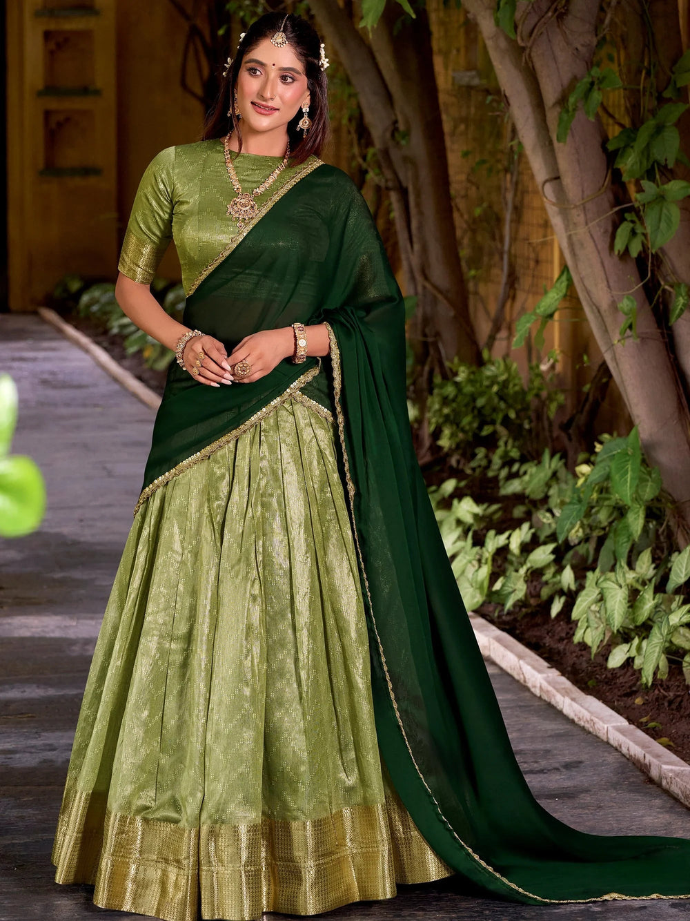 Green Silk Zari Weaving Festive Half Saree Lehenga Choli