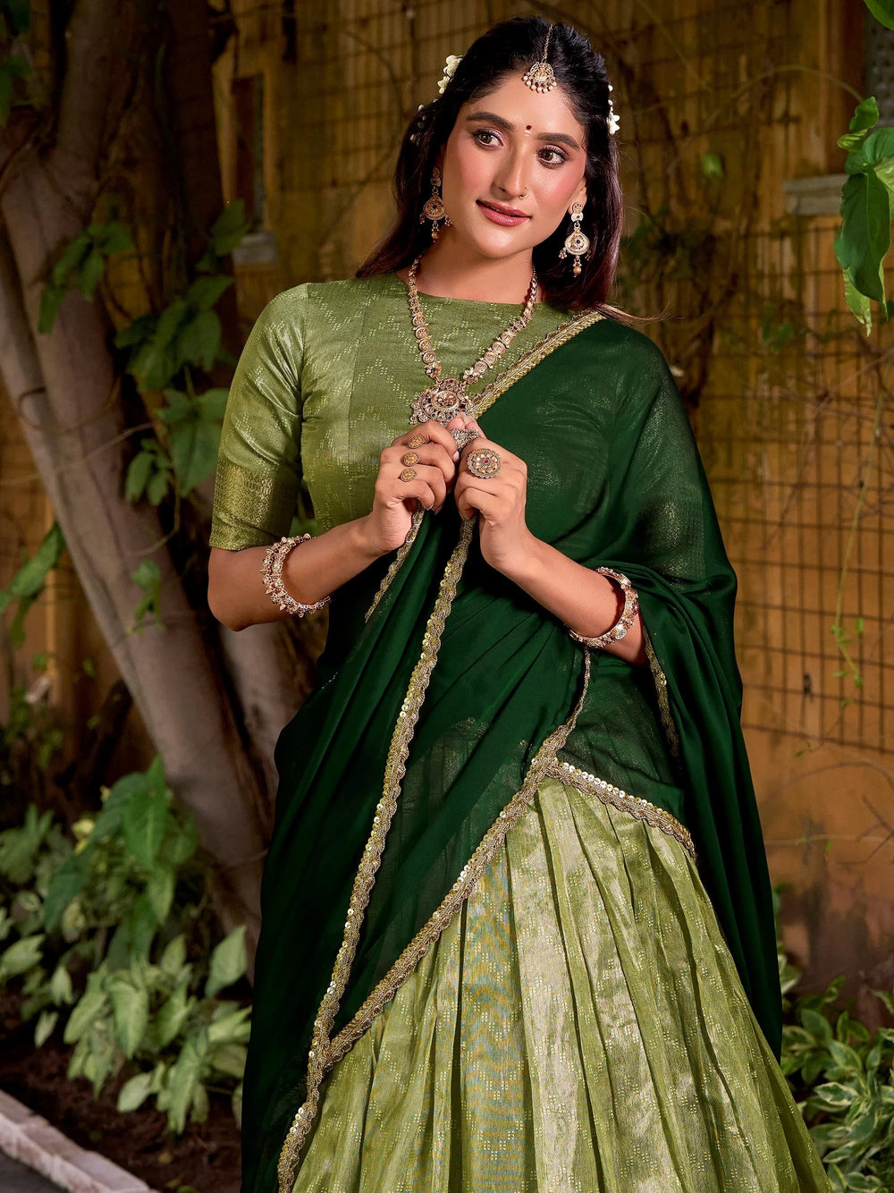 Green Silk Zari Weaving Festive Half Saree Lehenga Choli
