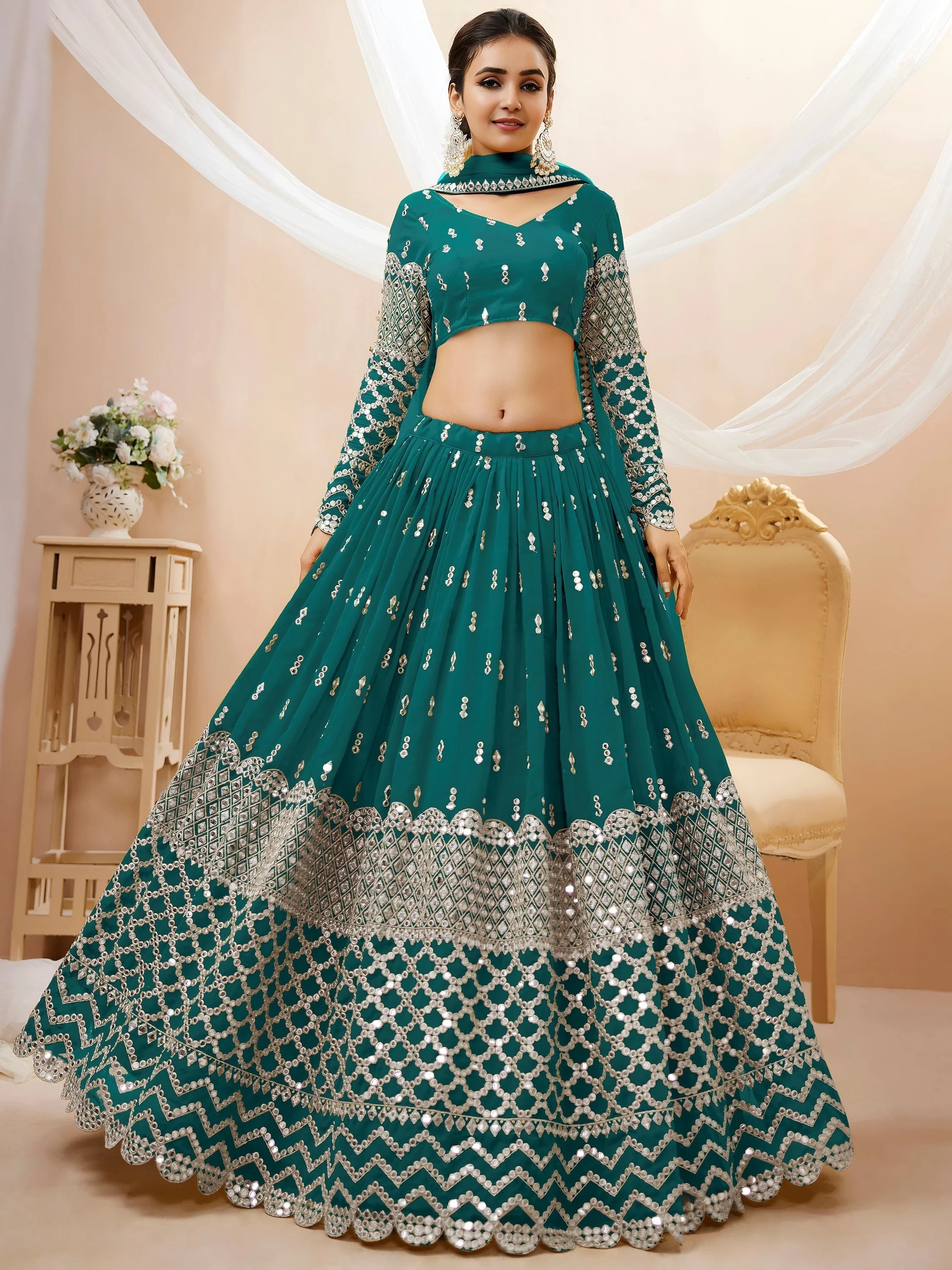 Teal Blue Zari Work Georgette Wedding Lehenga Choli for Women