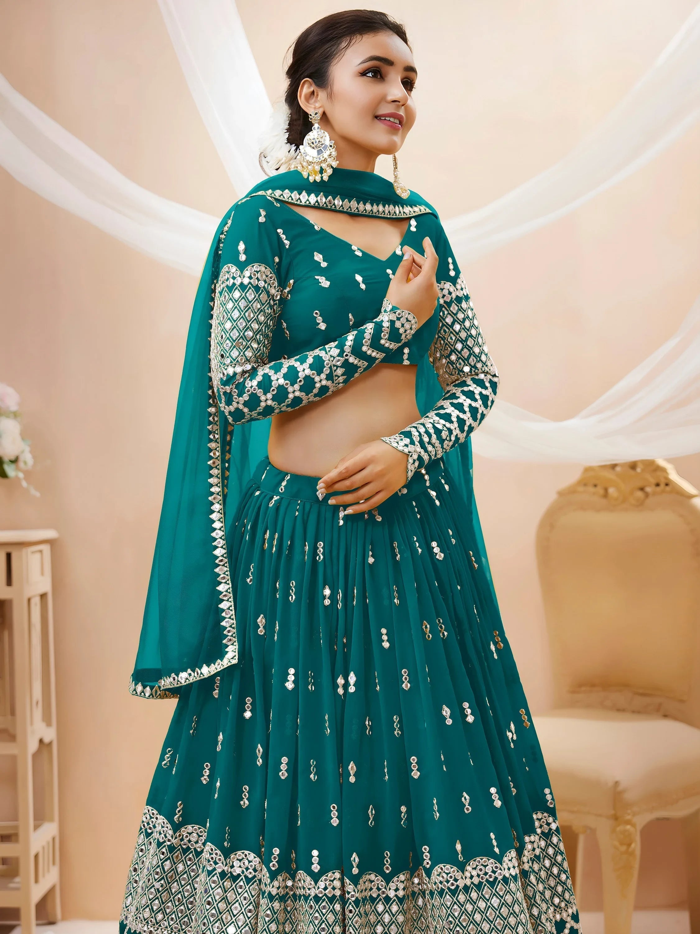 Teal Blue Zari Work Georgette Wedding Lehenga Choli for Women