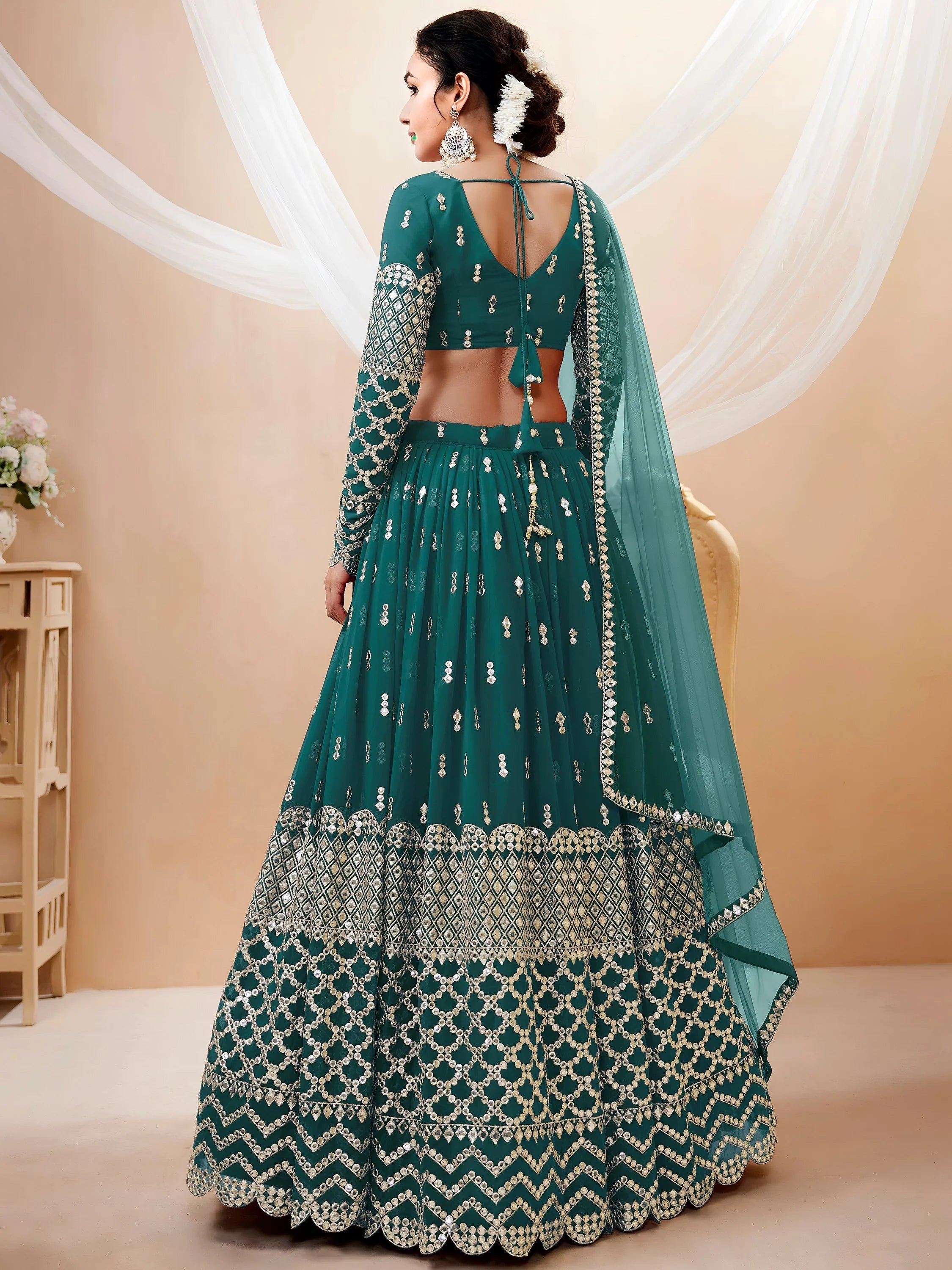 Teal Blue Zari Work Georgette Wedding Lehenga Choli for Women