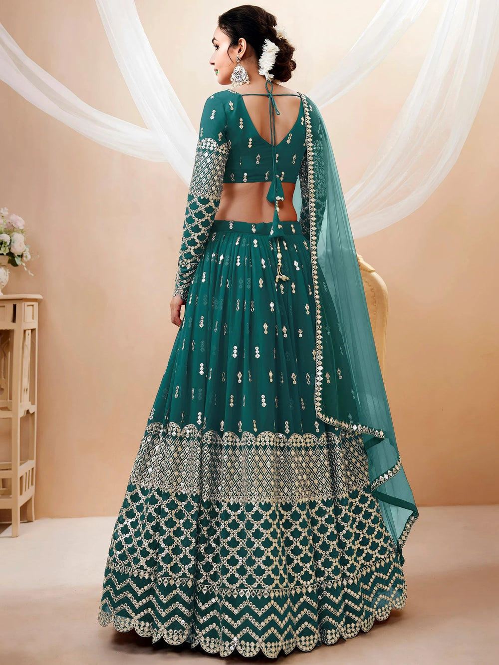 Teal Blue Zari Work Georgette Wedding Lehenga Choli for Women
