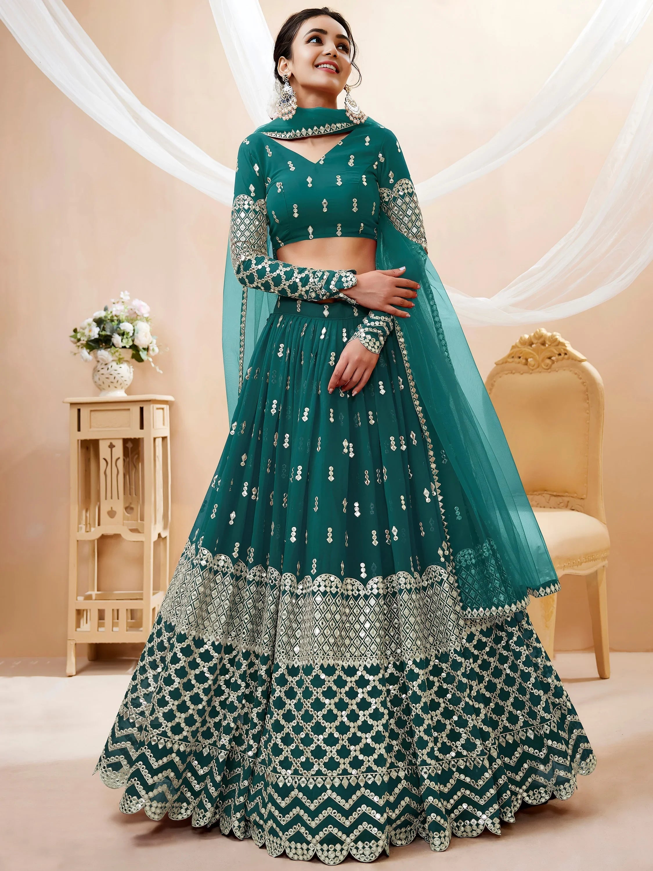 Teal Blue Zari Work Georgette Wedding Lehenga Choli for Women