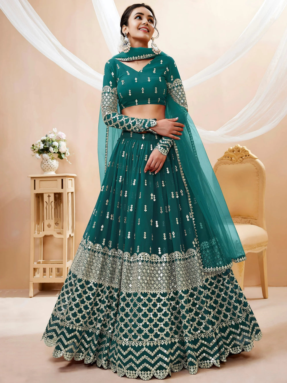 Teal Blue Zari Work Georgette Wedding Lehenga Choli for Women