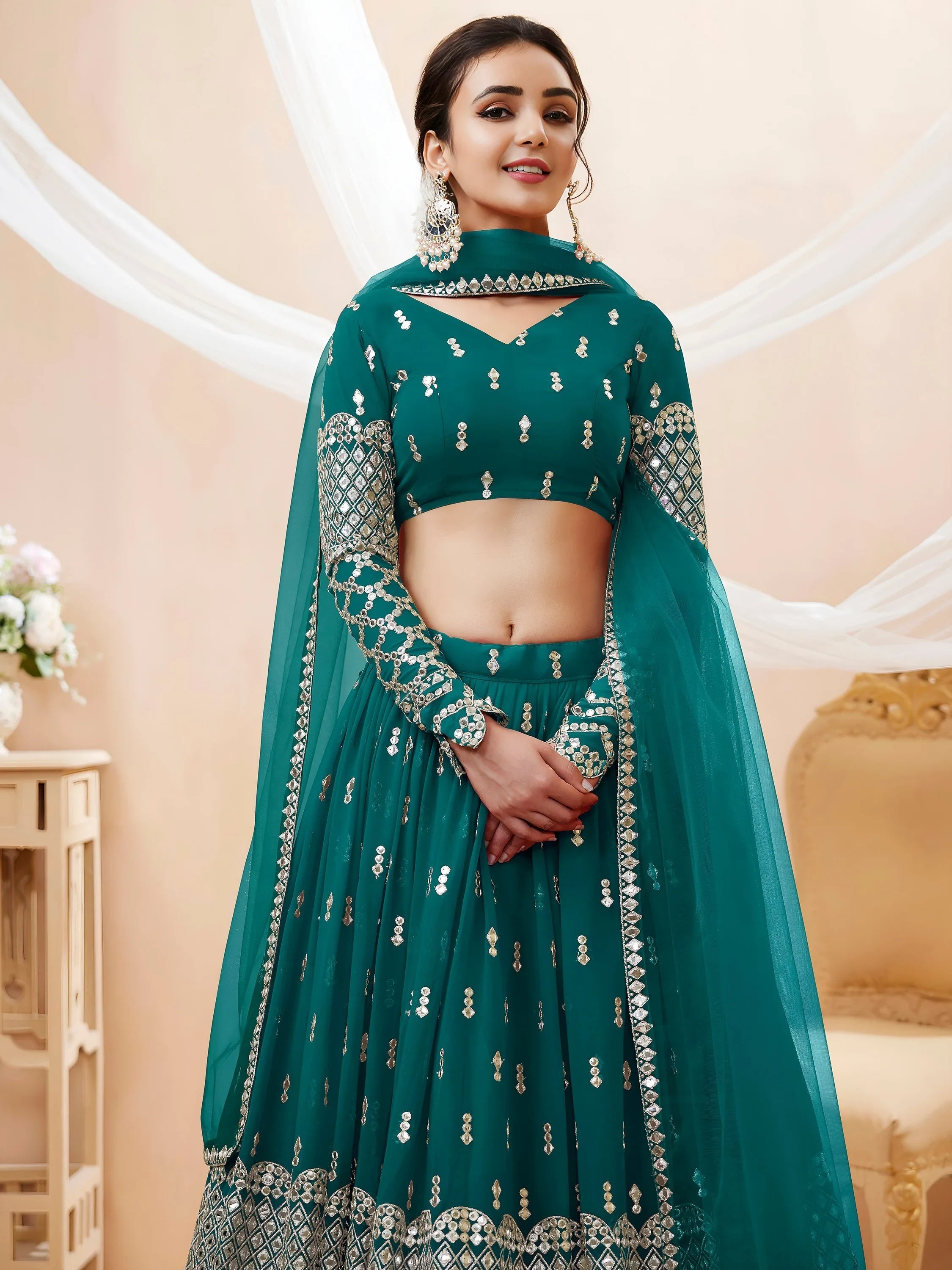 Teal Blue Zari Work Georgette Wedding Lehenga Choli for Women