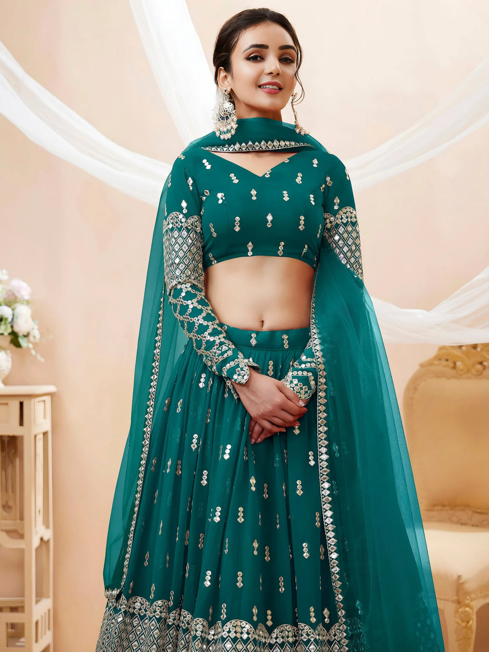 Teal Blue Zari Work Georgette Wedding Lehenga Choli for Women