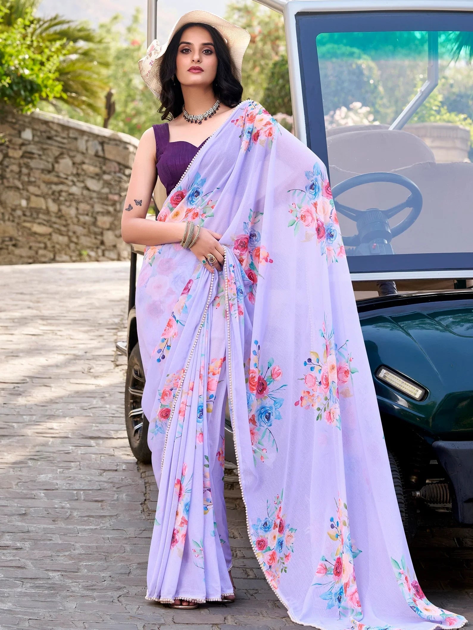 Lavender Crepe Floral Printed Casual Wear Saree