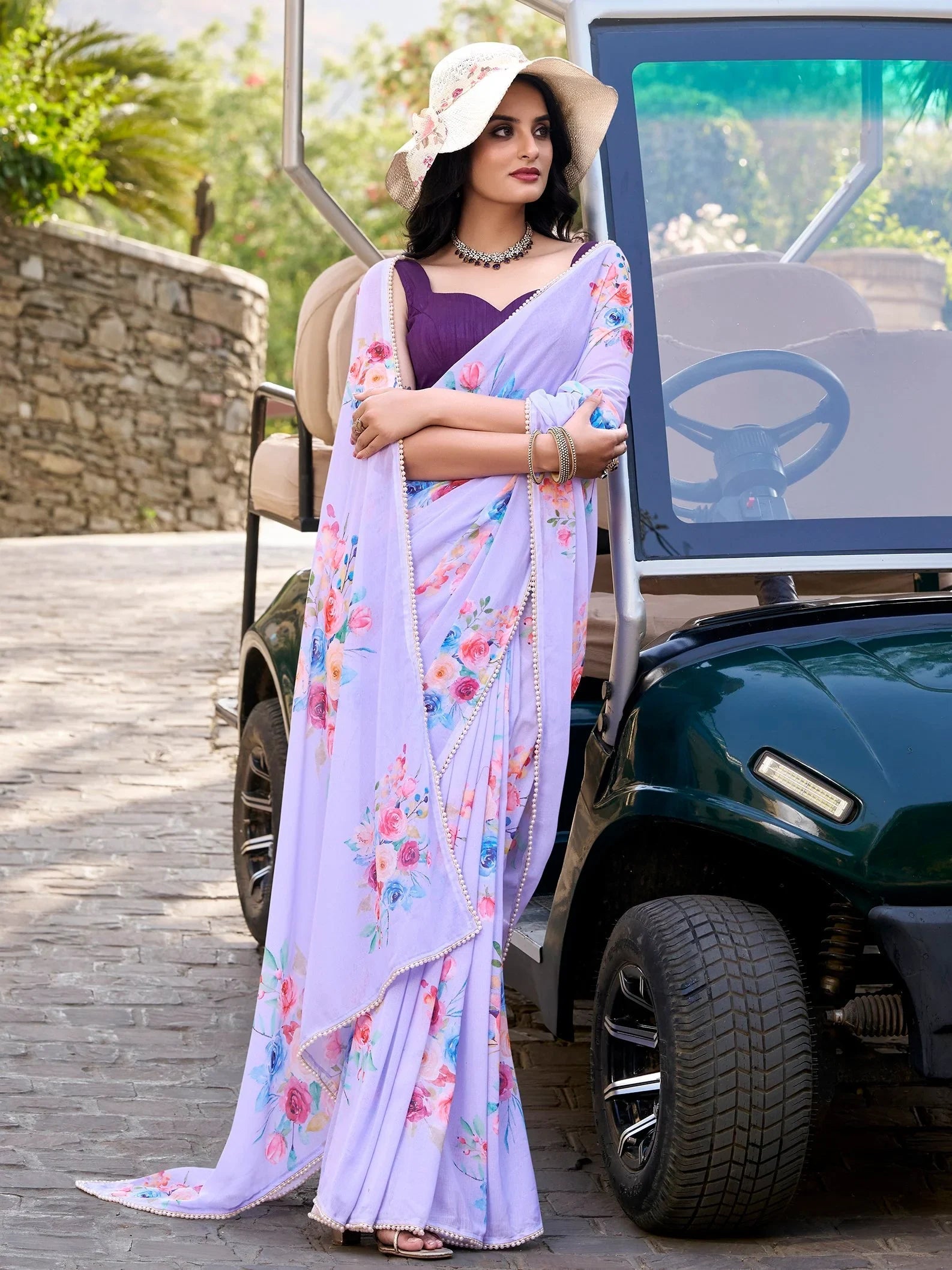 Lavender Crepe Floral Printed Casual Wear Saree