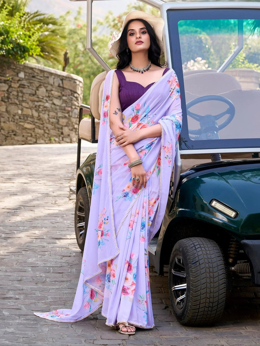 Lavender Crepe Floral Printed Casual Wear Saree