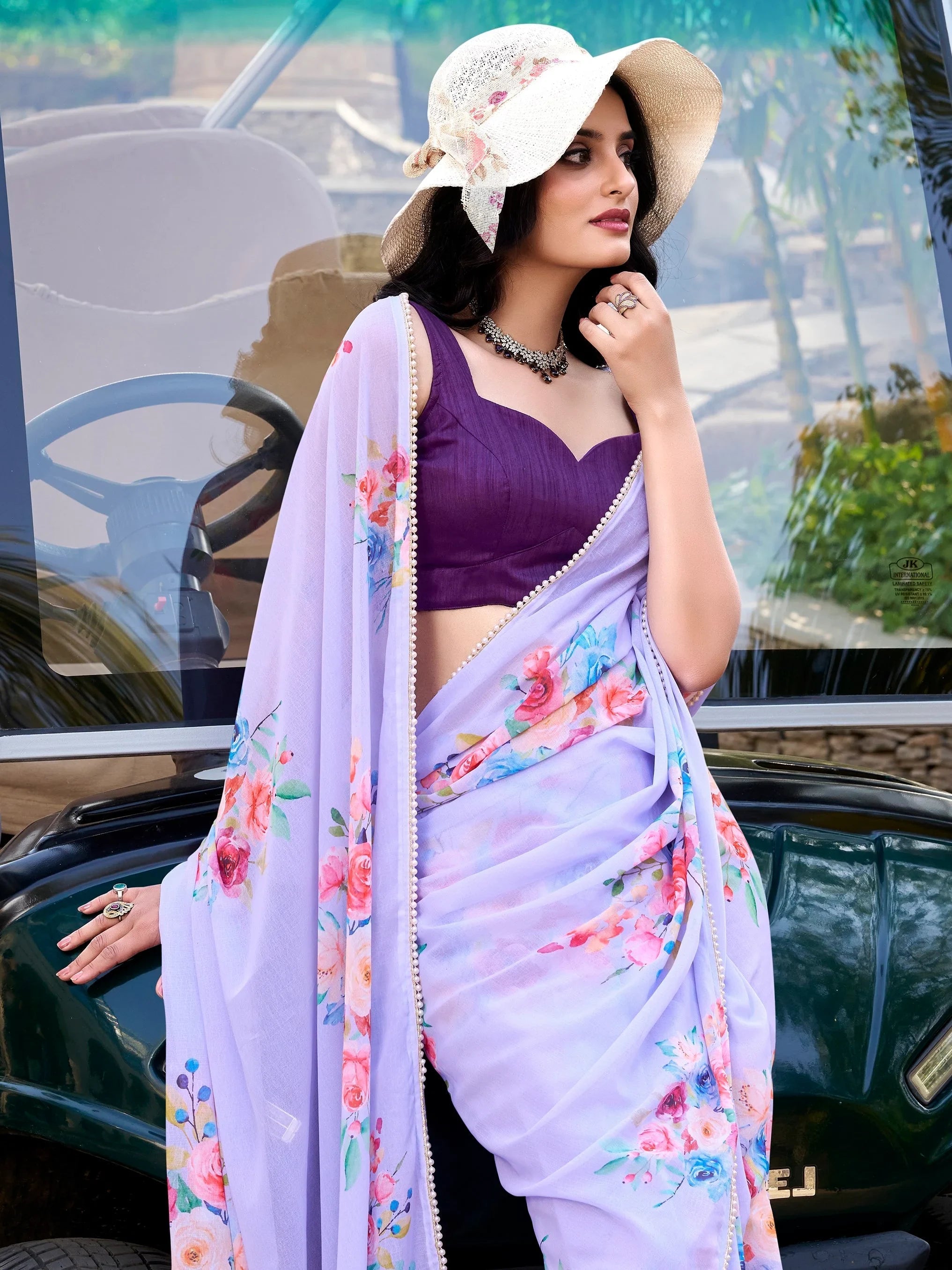 Lavender Crepe Floral Printed Casual Wear Saree