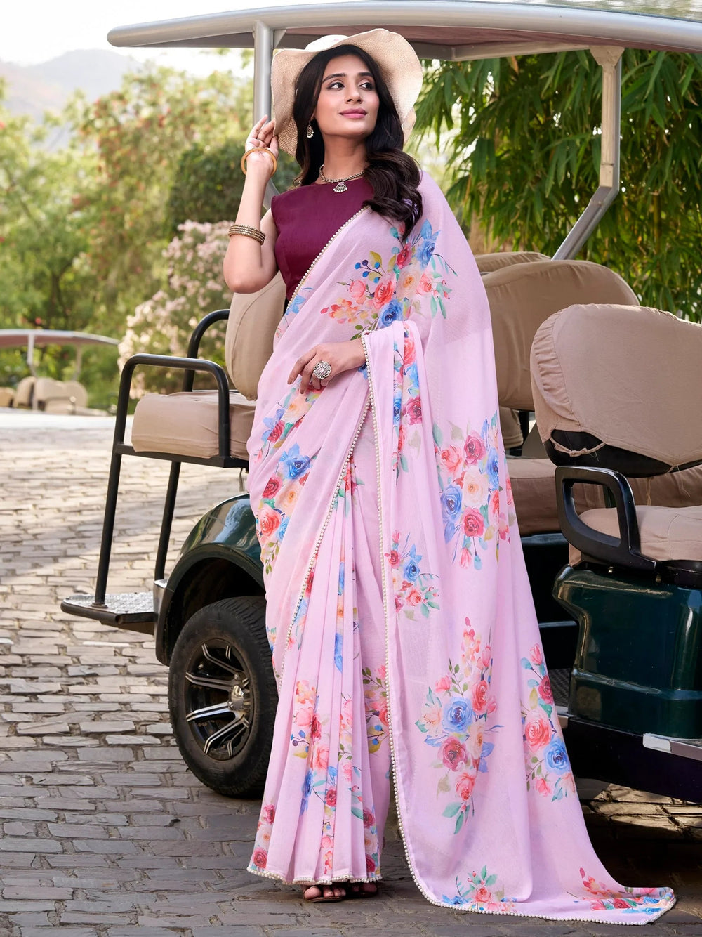 Light Purple Crepe Floral Printed Saree With Blouse