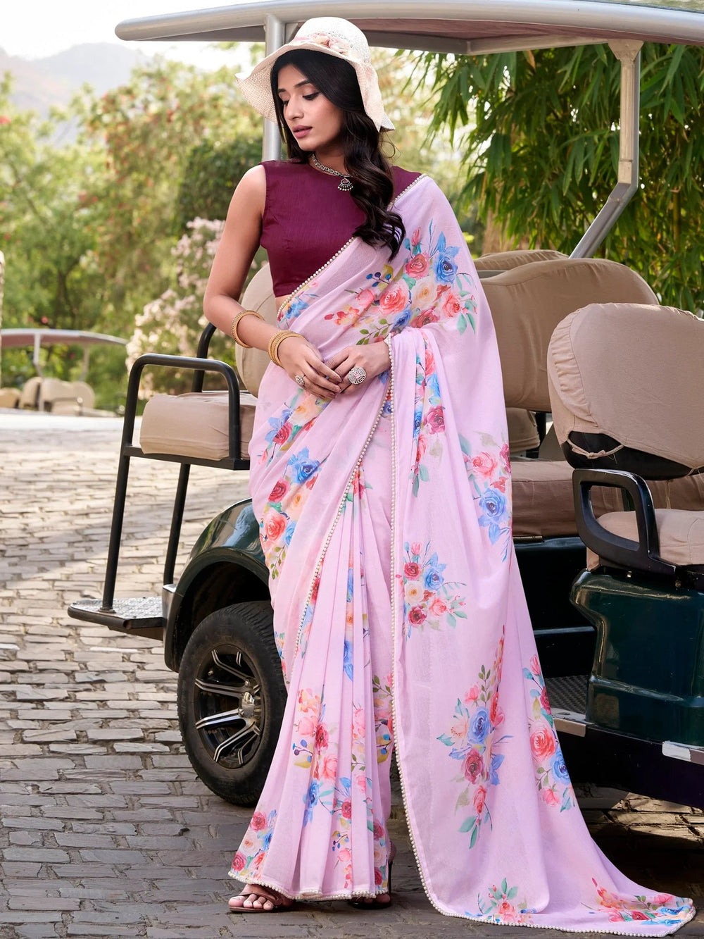 Light Purple Crepe Floral Printed Saree With Blouse