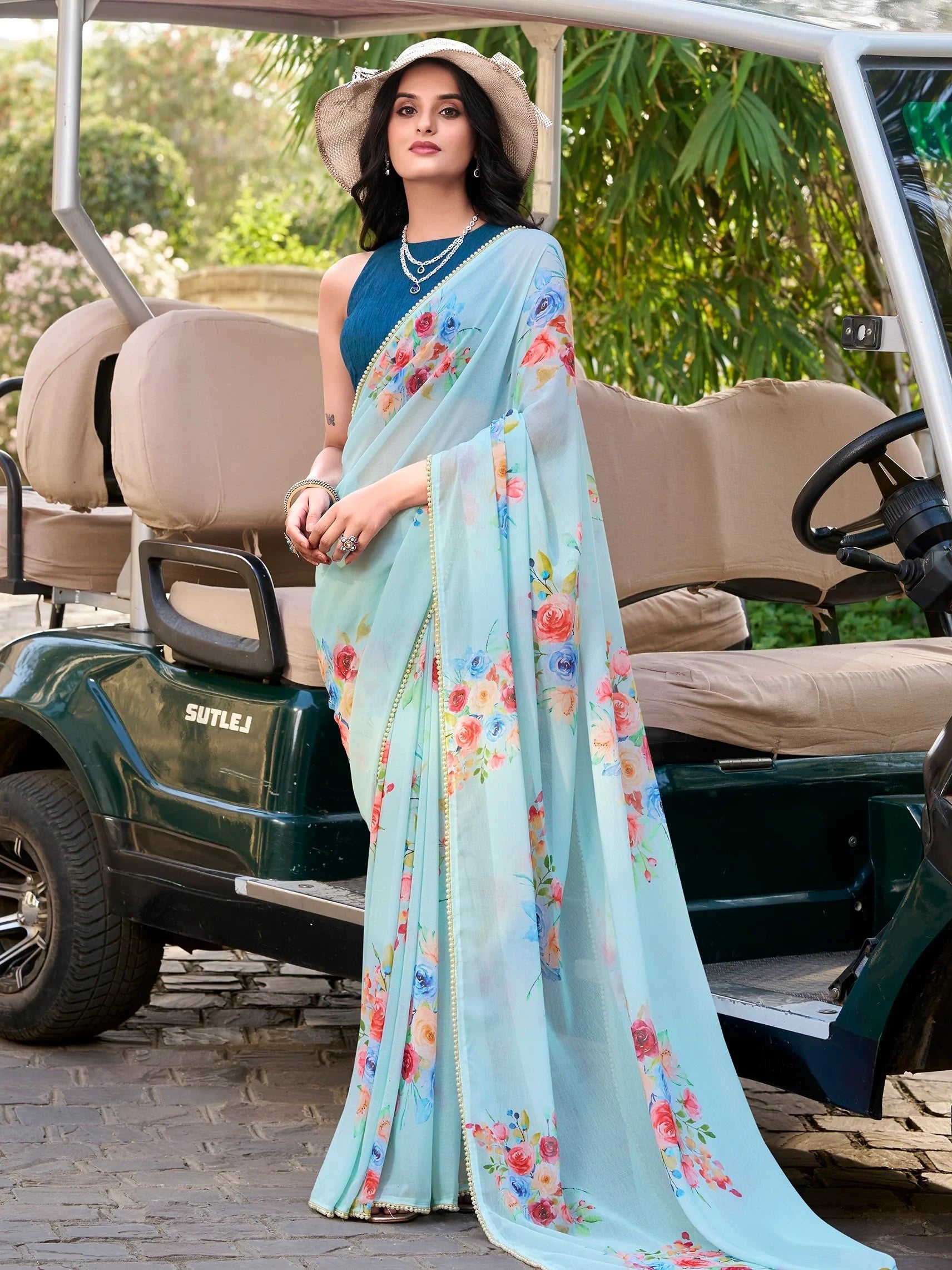 Sky Blue Crepe Floral Printed Office Wear Saree With Blouse