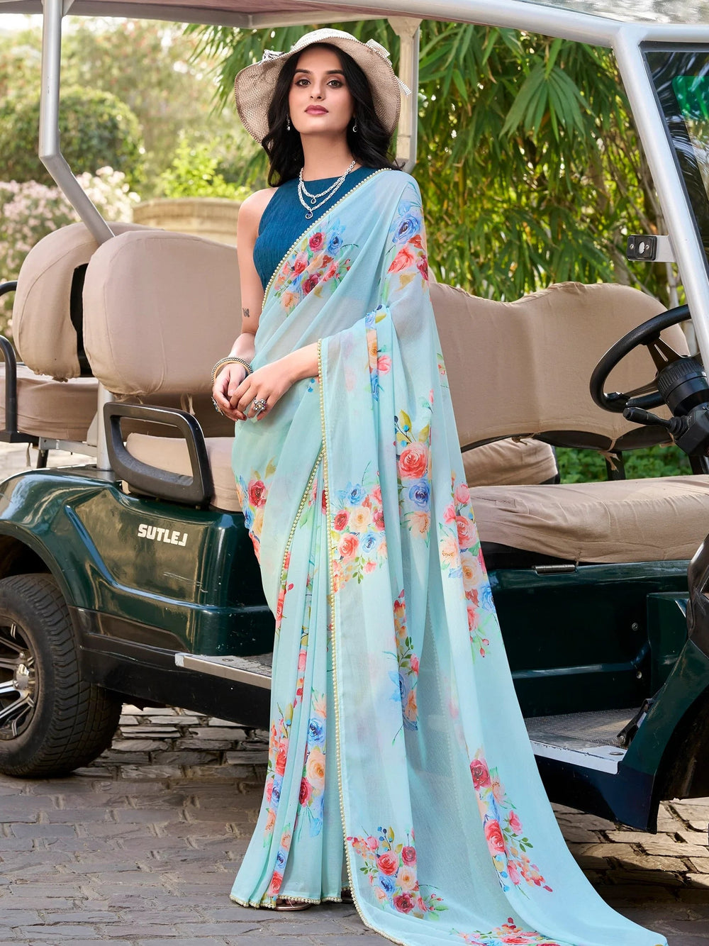 Sky Blue Crepe Floral Printed Office Wear Saree With Blouse