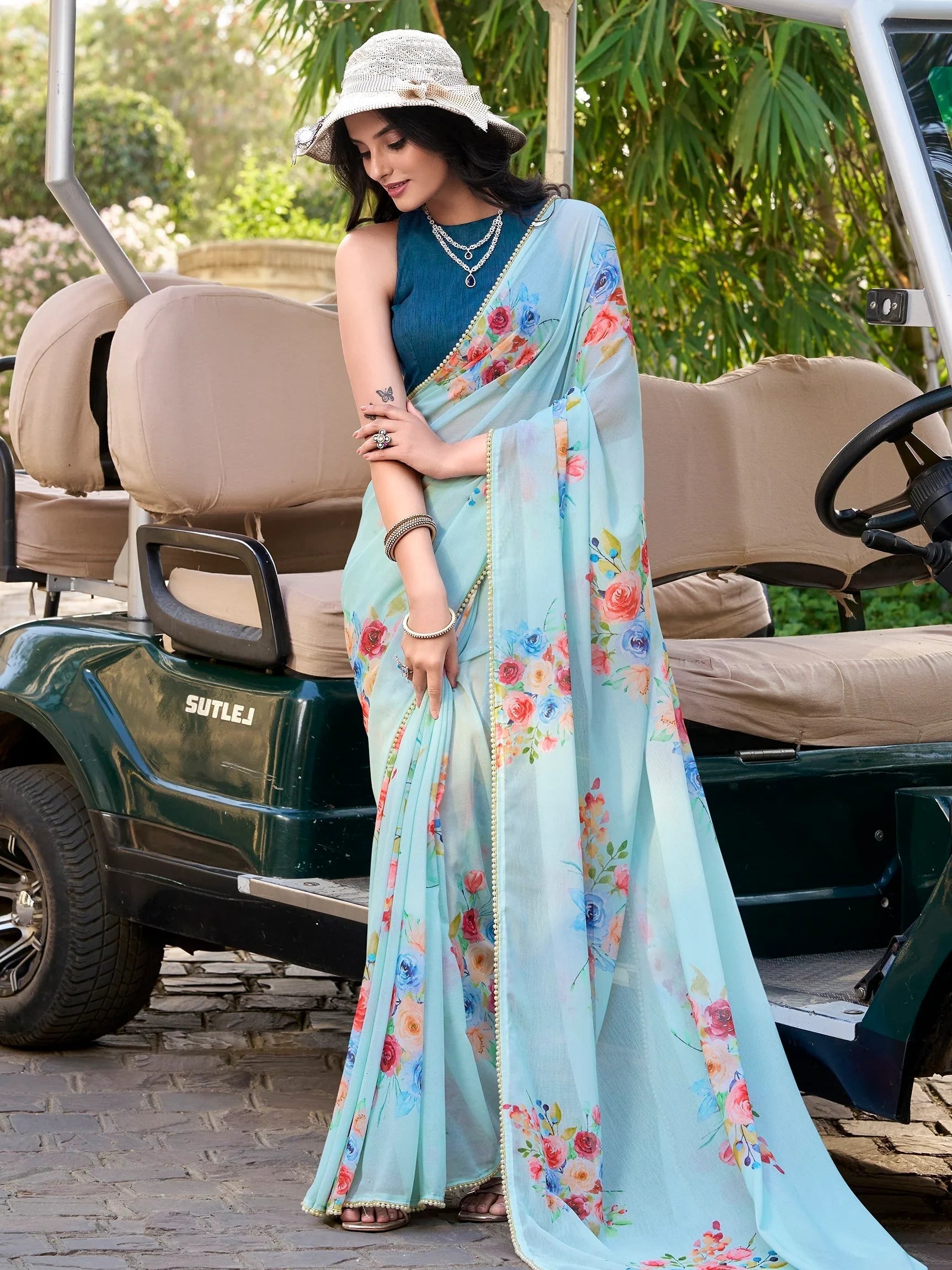 Sky Blue Crepe Floral Printed Office Wear Saree With Blouse